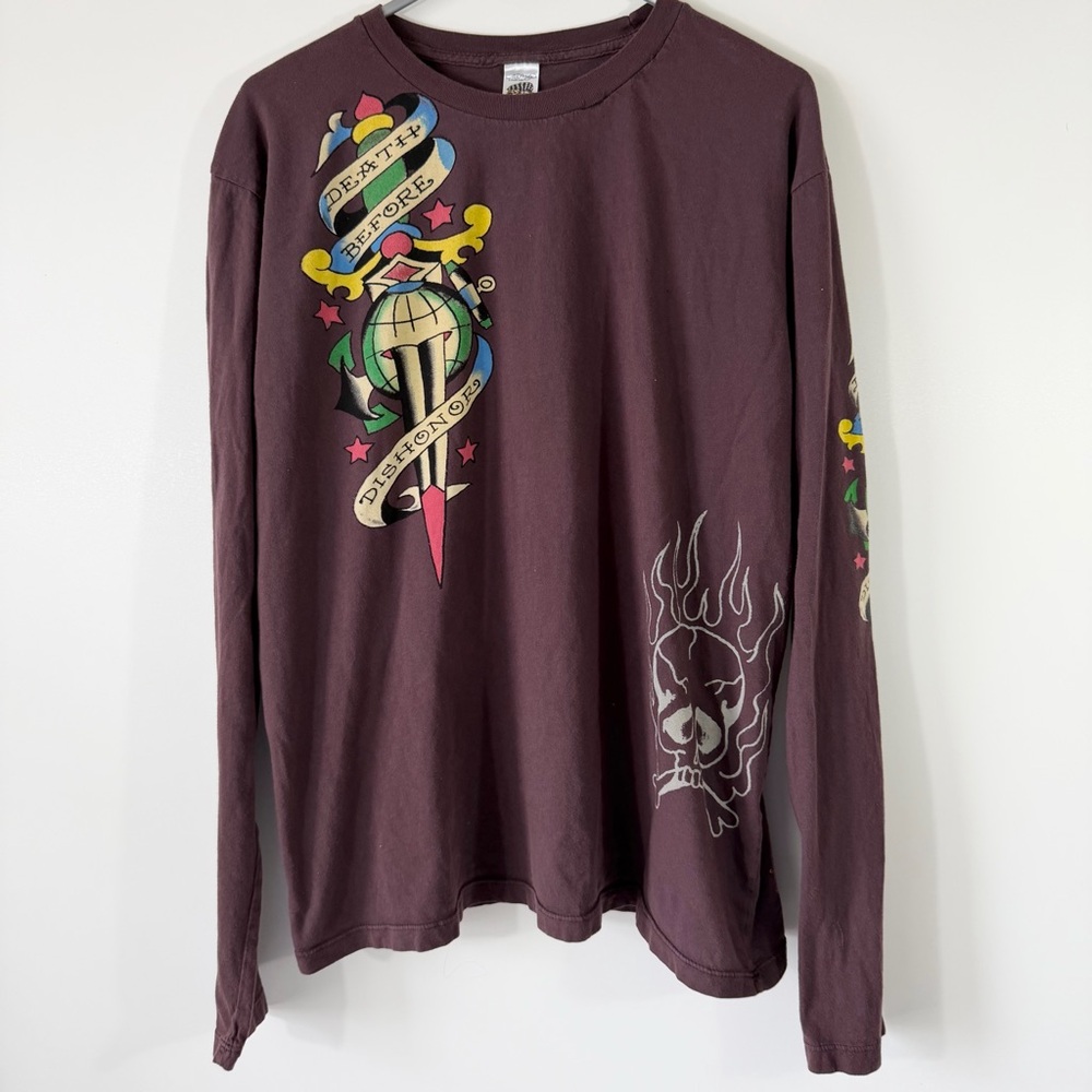 Vintage Ed Hardy Death Before Dishonor Brown Long Sleeve T Shirt XL